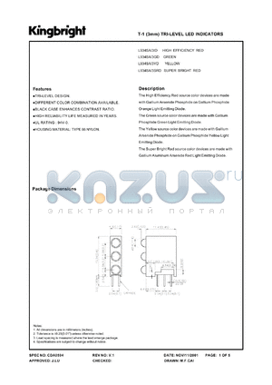 L934SA/3SRD datasheet - T-1 (3 mm) tri-level LED indicator. Super bright red. Lens type red diffused.