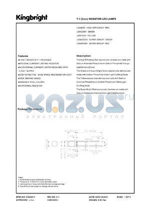L934ID5V datasheet - T-1 (3 mm) resitor LED lamp. High efficiency red. Lens type red diffused.
