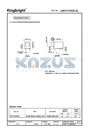 L964YV/SGD-0L datasheet - T-1 (3 mm) round surface mount LED. Super bright green. Lens type green diffused.