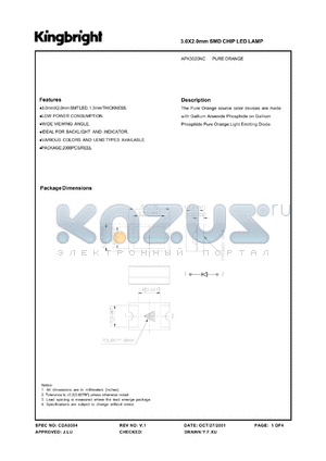 APK3020NC datasheet - 3.0 x 2.0 mm SMD chip LED lamp. Pure orange. Lens type water clear.