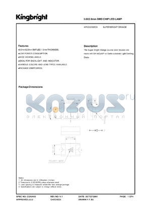 APK3020SECK datasheet - 3.0 x 2.0 mm SMD chip LED lamp. Super bright orange. Lens type water clear.