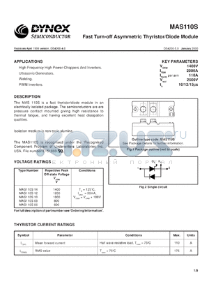 MAS110S12 datasheet - 1200V fast turn-off asymmetric thyristor/diode module