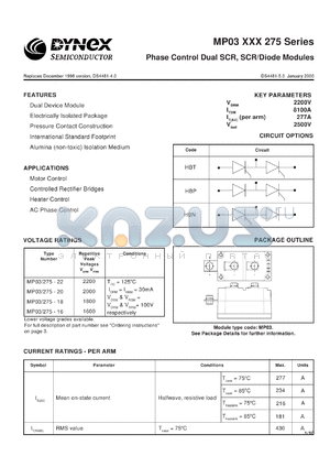 MP03/275-20 datasheet - 2000V phase control dual SCR, SCR/diode modules