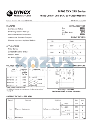 MP03/275-18 datasheet - 1800V phase control dual SCR, SCR/diode modules