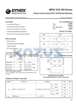 MP03/300-14 datasheet - 1400V phase control dual SCR, SCR/diode modules