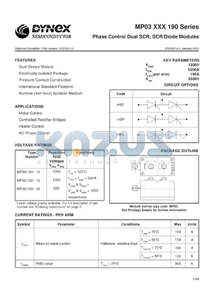 MP03/190-12 datasheet - 1200V phase control dual SCR, SCR/diode module