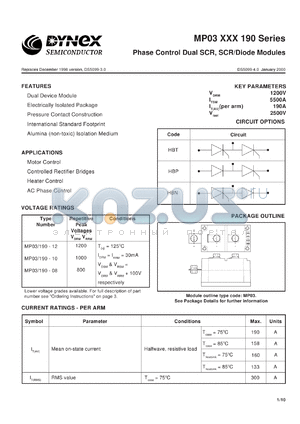 MP03/190-08 datasheet - 800V phase control dual SCR, SCR/diode module