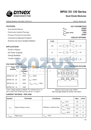 MP02/130-20 datasheet - 2000V dual diode module