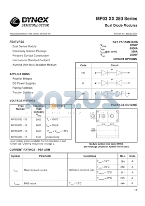 MP03/280-20 datasheet - 2000V dual diode module