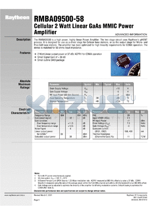 RMBA09500-58 datasheet - Cellular 2 Watt linear GaAs MMIC power amplifier