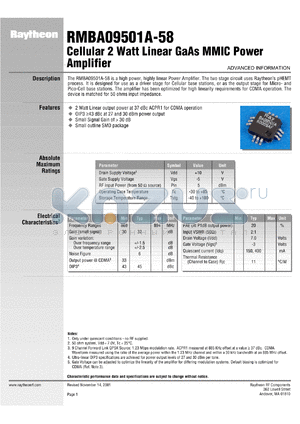 RMBA09501A-58 datasheet - Cellular 2 Watt linear GaAs MMIC power amplifier