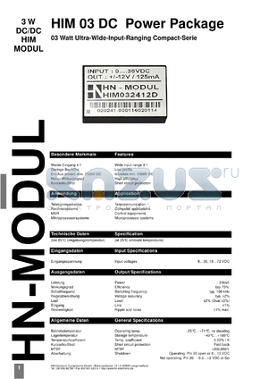 HIM032412S datasheet - 3 W DC/DC HIM module with 9-36 V input, 12 V/250 mA output