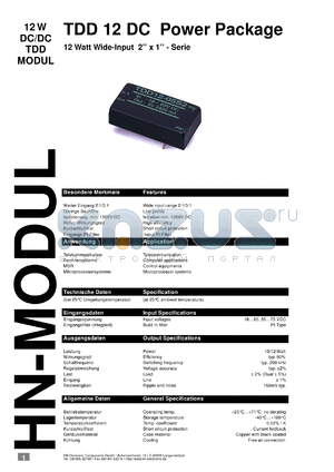 TDD124812S datasheet - 12 W DC/DC TDD modul with 35-75 V input, 12 V/1000 A output
