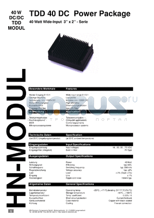 TDD402415S datasheet - 40 W DC/DC TDD modul with 18-60 V input, 15 V/2800 A output