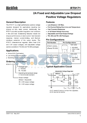 RT9171-25CL datasheet - 2.5V, 2A fixed and adjustable low dropout positive voltage regulator