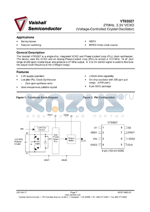 VT83027S1 datasheet - 27 MHz 3.3V VCXO (voltage-controlled crystal oscillator)