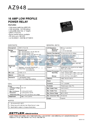 AZ948-1AT-5D datasheet - Nominal coil VCD: 5; 16Amp low profile power relay