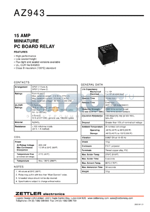 AZ943-1CH-48DE datasheet - Nominal coil VCD: 48; 15Amp miniature PC board relay
