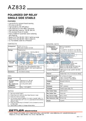 AZ832-2C-48DSE datasheet - Nominal coil VCD: 48; polarised DIP relay single side stable