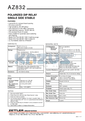 AZ832-2C-9DME datasheet - Nominal coil VCD: 9; polarised DIP relay single side stable