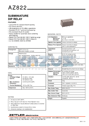 AZ822-2C-4.5DSE datasheet - Nominal coil VCD: 4.5: subminiature DIP relay