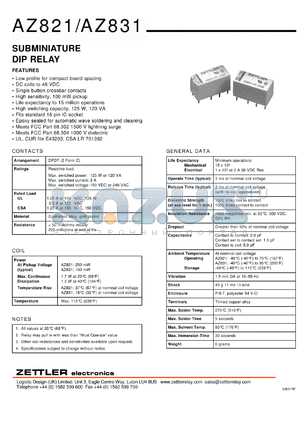 AZ821-2C-48DSE datasheet - Nominal coil VCD: 48: subminiature DIP relay