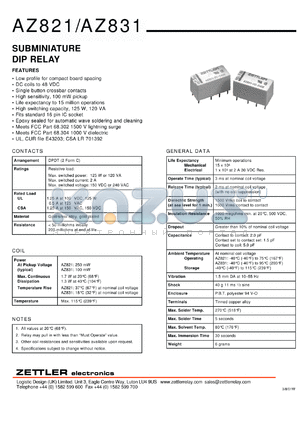 AZ821-2C-6SE datasheet - Nominal coil VCD: 6: subminiature DIP relay