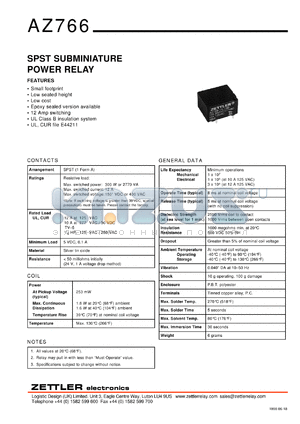 AZ766-1A-5DA datasheet - Nominal coil VCD: 5; 16A SPST subminiature power relay