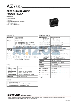 AZ765-1C-12D datasheet - Nominal coil VCD: 12; 16A SPST subminiature power relay