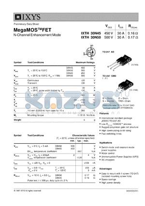 IXTH30N45 datasheet - 450V MegaMOS FET