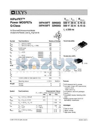 IXFH30N50Q datasheet - 500V HiPerFET power MOSFET