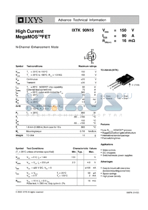 IXTK90N15 datasheet - 150V high current megaMOS FET