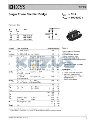 VHF25-08IO7 datasheet - 800V single phase rectifier bridge
