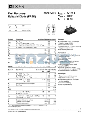DSEI2X121-02P datasheet - 200V fast recovery epitaxial diode (FRED)