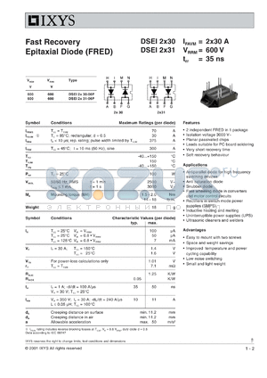 DSEI2X30-06P datasheet - 600V fast recovery epitaxial diode (FRED)