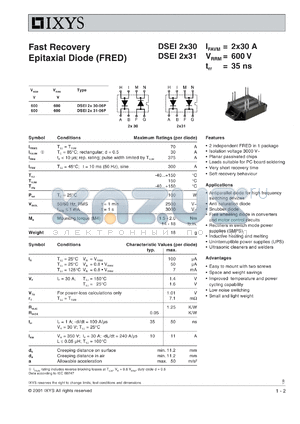 DSEI2X31-06P datasheet - 600V fast recovery epitaxial diode (FRED)