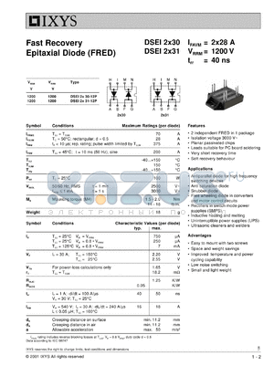 DSEI2X31-12P datasheet - 1200V fast recovery epitaxial diode (FRED)