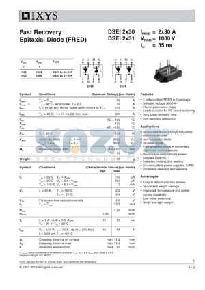 DSEI2X30-10P datasheet - 1000V fast recovery epitaxial diode (FRED)