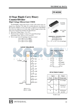 IW4020BDW datasheet - 14 stage ripply-carry binary counter/divider, high-voltage silicon-gate CMOS