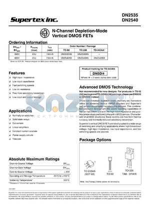 2N2540N5 datasheet - 400V N-channel depletion - Mode vertical DMOS FET