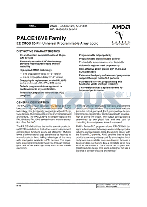 PALCE16V8H-15PI/4 datasheet - EE CMOS 20-Pin universal programmable array logic, 15ns