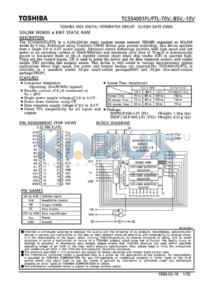 TC554001FL-70V datasheet - 524, 288 words x 8 bit static RAM, access time 70ns