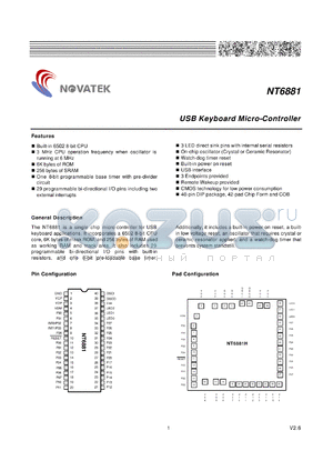 NT6881H datasheet - USB keyboard micro-controller