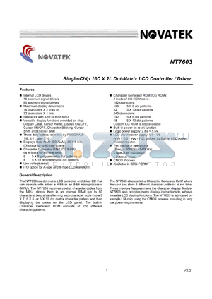 NT7603H-BDT01 datasheet - Single-chip 16C x 2L dot-matrix LCD controller/driver