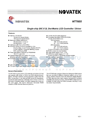 NT7605-BDW01 datasheet - Single-chip 20C x 2L dot-matrix LCD controller/driver