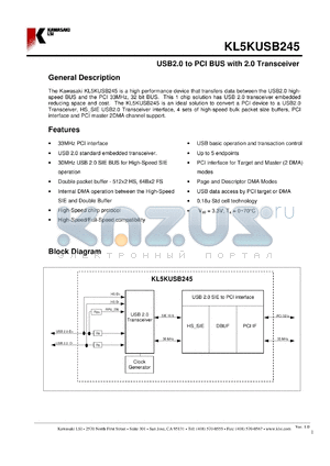 KL5KUSB245 datasheet - USB 2.0 to PCI BUS with 2.0 transceiver