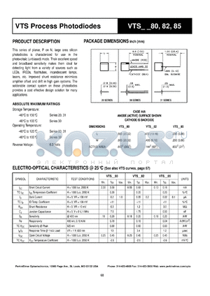 VTS3085 datasheet - Process photodiode. Isc = 0.16 mA(typ), Voc = 0.45 mV(typ) at H = 1000 lux, 2850 K.