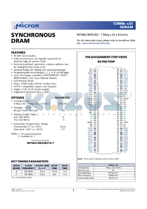 MT48LC4M32B2TG-7 datasheet - 1 Meg x 32 x 4banks, 143MHz, CL=2 synchronous SDRAM