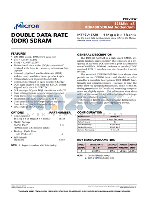 MT46V16M8-5 datasheet - 4 Meg x 8 x 4banks, 200MHz, CL=3 double data rate DDR400 SDRAM addendum