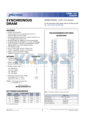 MT48LC2M32B2TG-7 datasheet - 512K x 32 x 4banks, 143MHz synchronous DRAM